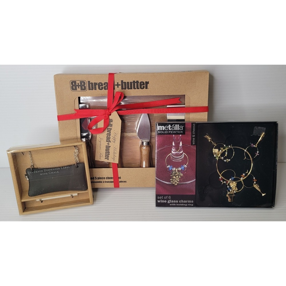 Bread & Butter Acacia Wood Cheese Set Wine Charms & Chalkboard Charcuterie